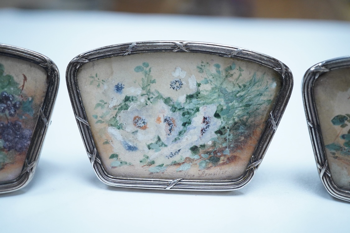 A set of four white metal and inset floral painted panel menu holders, signed Le Maitre, width 58mm, metal unmarked.